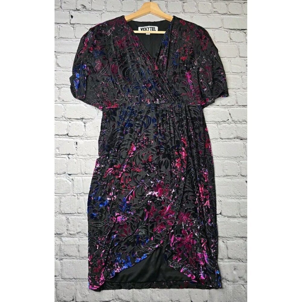 Vicky Tiel Velvet Black Blue Pink Short Sleeve Wrap Effect Dress‎ Size L